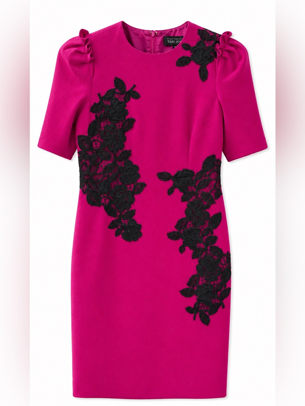 Rickie Freeman for Teri Jon Hot Pink Midi Dress with Black Floral Appliqué